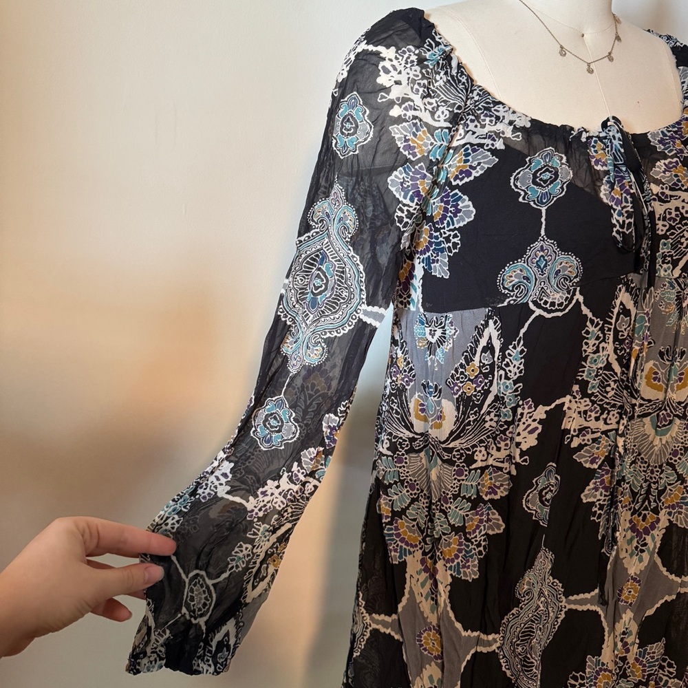 Xhileration Black Patterned Sheer Overlay Boho Dress - Picture 4 of 7
